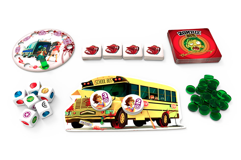 >Direction artistique de zombie bus, des cartes aux punchboards, en passant par les jetons